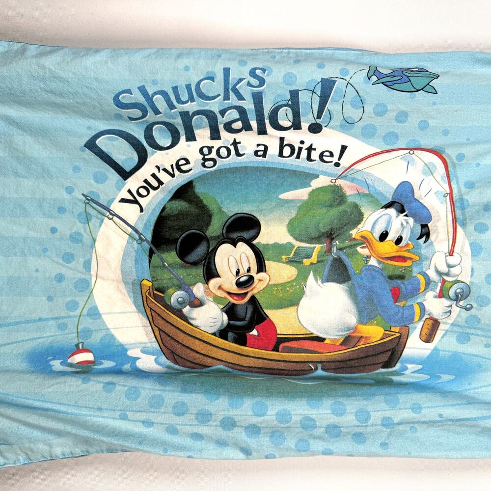 Vintage Mickey Mouse Pillowcase Donald Duck Goofy Fishing 18"x27"